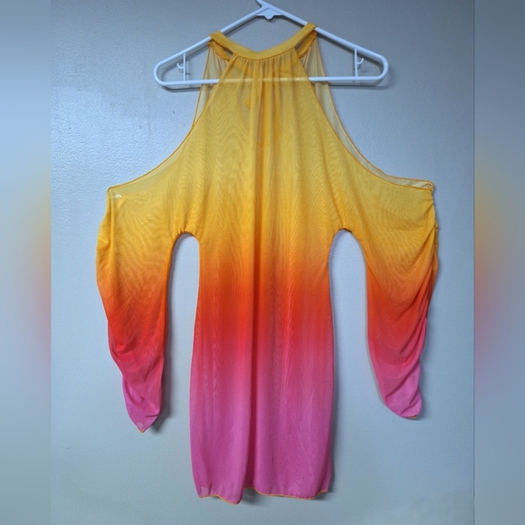 Womens Colorblock Ombre Yellow Orange Pink Cold Shoulder Tie Front Coverups - Picture 7 of 8